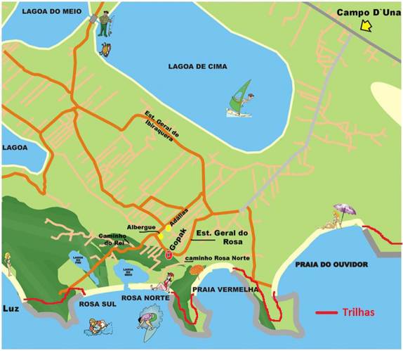 Mapa da Praia do Rosa mostrando a Lagoa do Meio (que divide a praia) e as trilhas para a Praia da Luz, ao sul, e praias Vermelha e do Ouvidor, para o norte (litoral sul de Santa Catarina)
